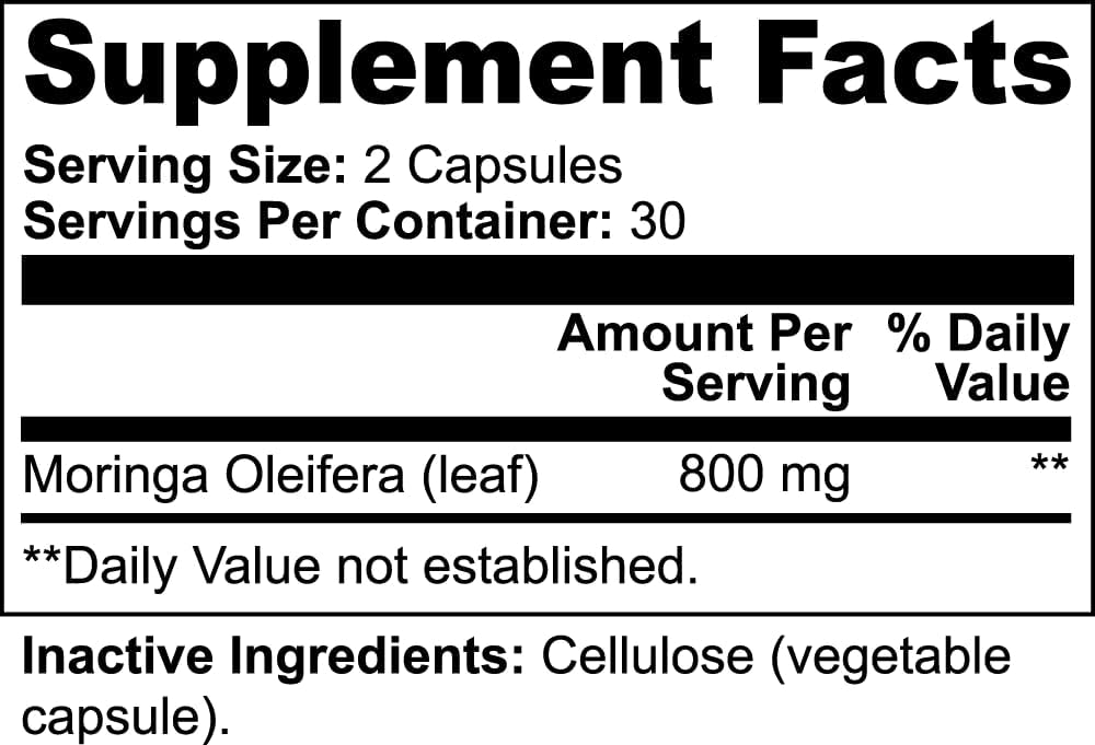 Moringa Powder Capsules - 800 mg de pólvora pura Nutrient-Rich Moringa - Un Superalimento Antioxidante Verde Natural - Rico en vitaminas esenciales y ácidos aminoácidos para el bienestar general
