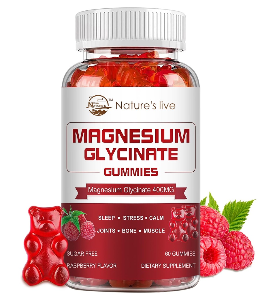 Magnesio Glycinate Gummies, Sugar suplemento de magnesio gratis con magnesio Glycinate 400mg, Magnesium L-Threonate 200mg para calma Mood, Muscle, Bone &amp; Sleep para adultos, 60 Raspberry Gummies