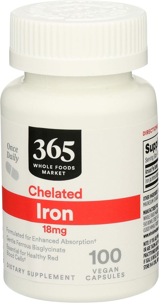 365 por Whole Foods Market, Iron Chelated 18Mg, 100 Veg Capsules (Pack of 2)