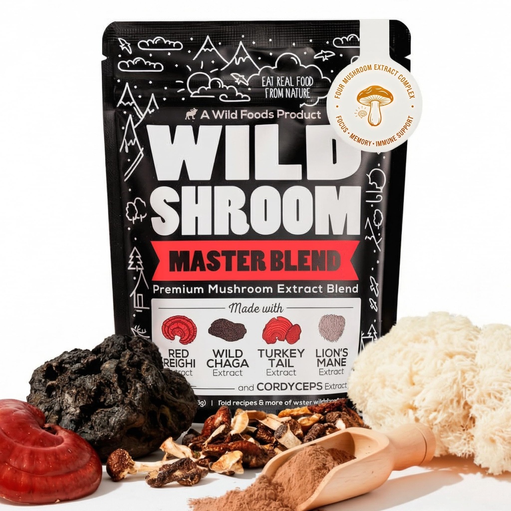 Wild Foods Wild Mushroom Blend-Supercharged Reishi, Chaga, Cordyceps, Turquía Tail y Lion’s Mane - 4Oz Pack- Adaptogenic Stress Reducer para aumentar la claridad mental-nootropic Liquid Blend para el café