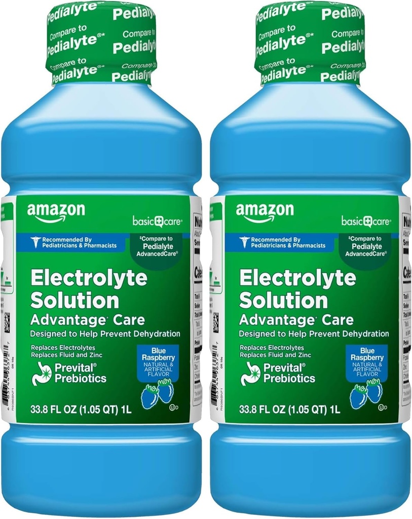 Cuidado básico Electrolítico Solución Cuidado de ventaja con Prebióticos PreVitales, Fresa Azul, Diseñado para ayudar a prevenir la deshidratación, reemplaza electrolitos, fluidos y zinc, 33.8 fl oz (Pack de 2)