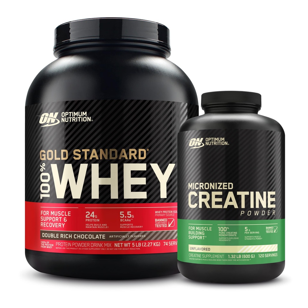 Optimum Nutrition 100% Gold Standard Whey Protein Powder: Double Rich Chocolate (5 libras) con Micronized Creatine Monohydrate Powder, Unflavored (120 piezas) - Bundle Pack
