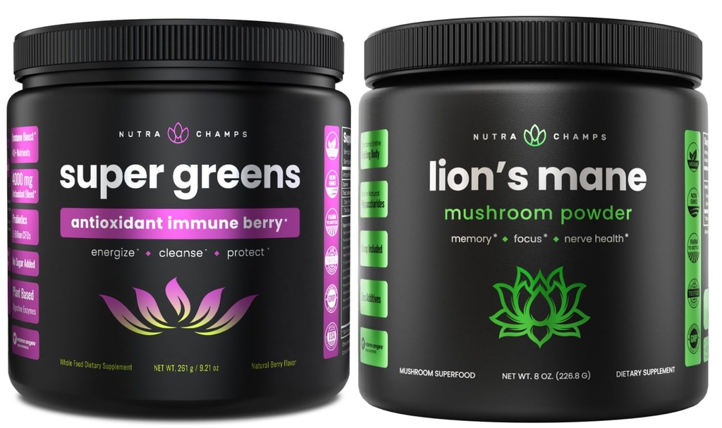 NutraChamps Super Greens Antioxidant &amp; Lion's Mane Powder. Digestive, Immunity & Adaptogen Support