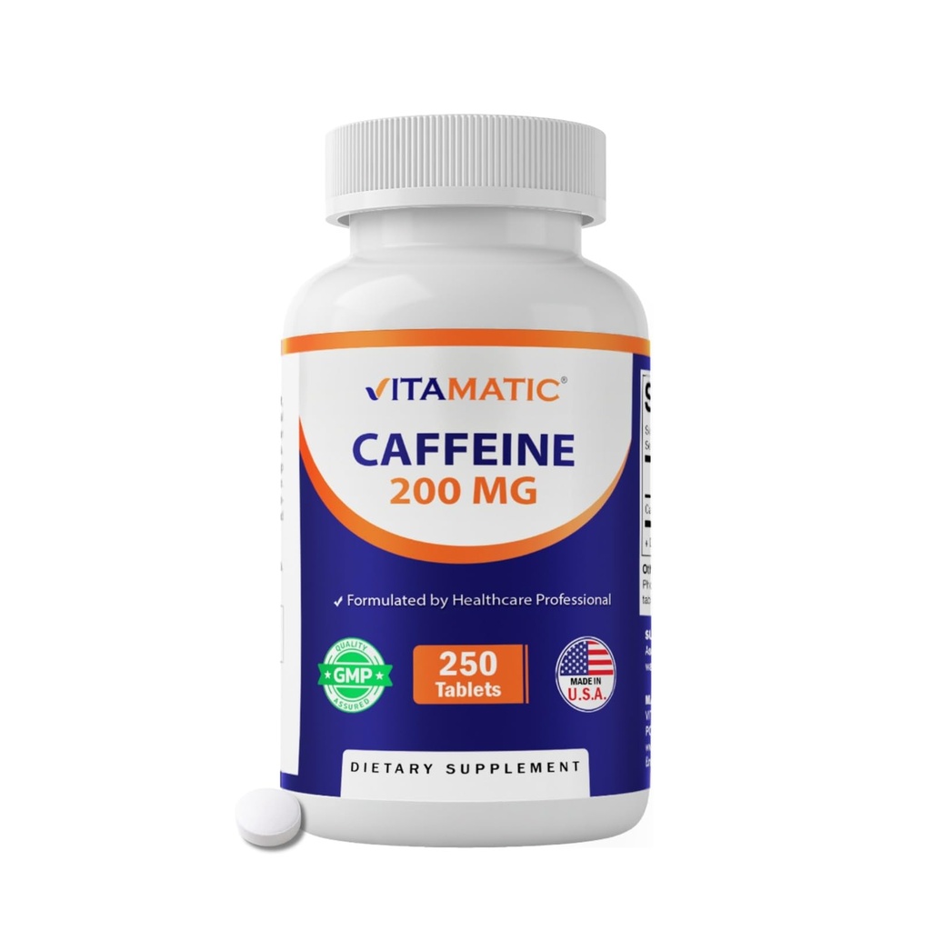 Caffeine Vitamatic Pills 200mg por Serving, 250 Tabletas Vegetarianas
