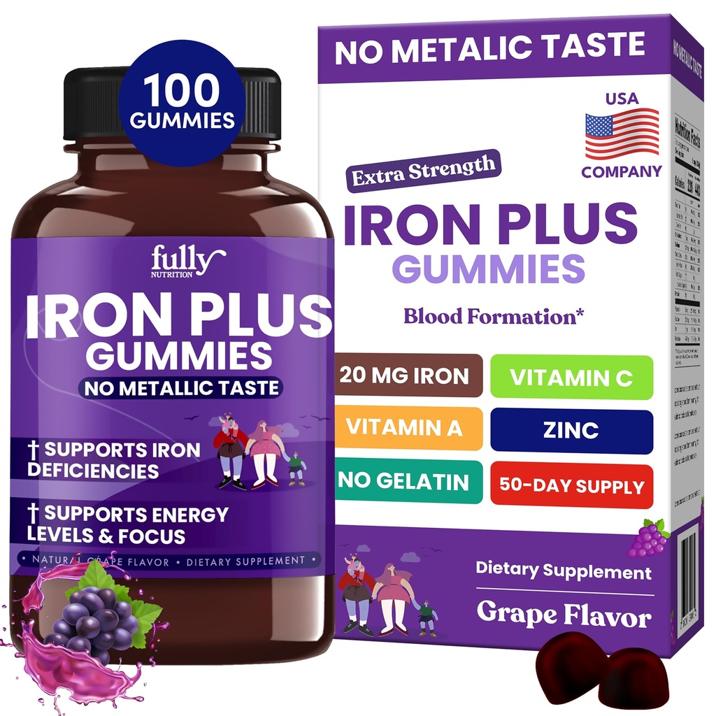 Iron Gummies Suplementos para Mujeres, Hombres y Niños – Health Blood & Energy Support for Iron Deficiency, Anemia, No After Taste- Fresh Grape Flavor- 100 Gummies (50 Days Supply)