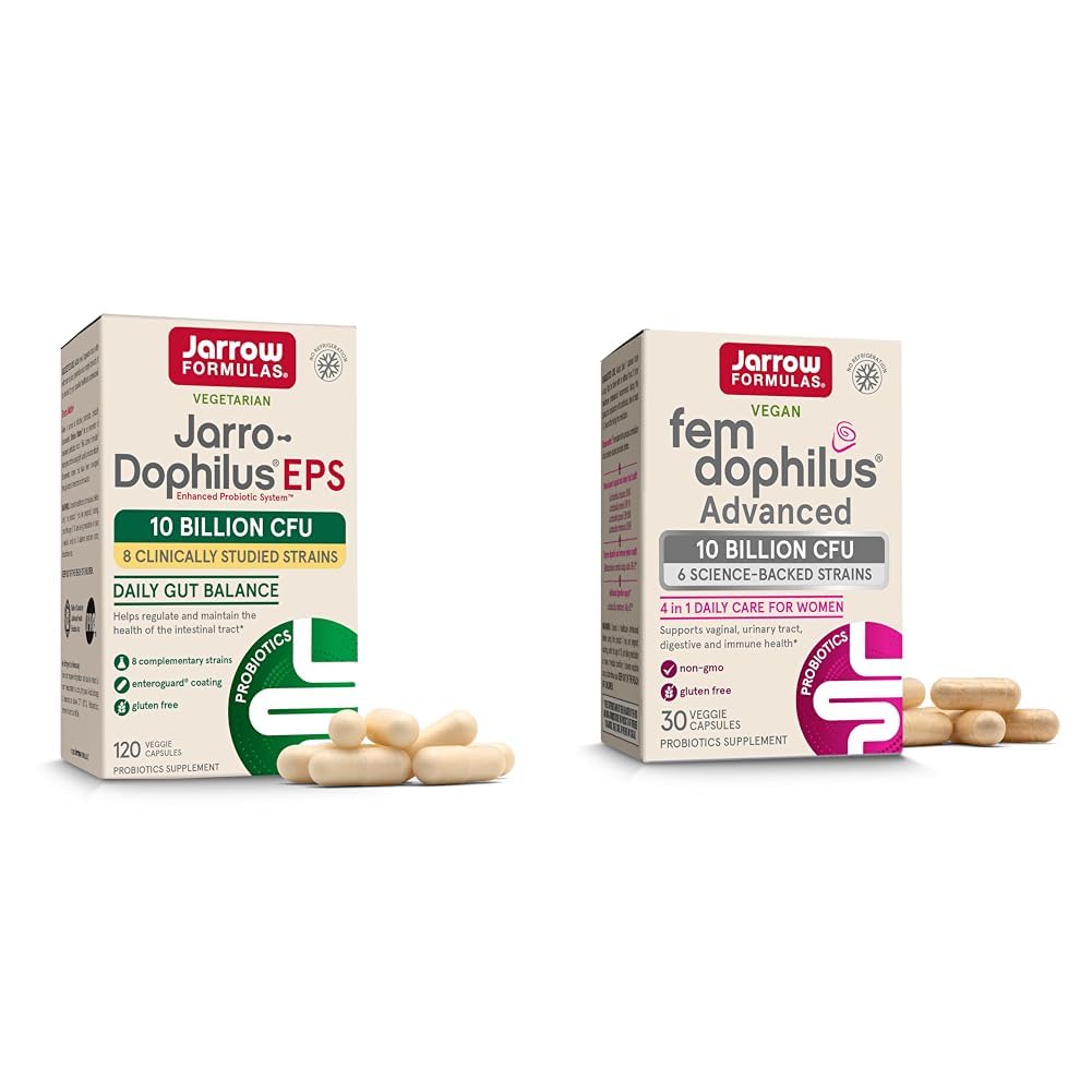 Jarrow Formulas Probióticos Agrupar con Jarro-Dophilus EPS 10 Billones CFU 120 Caps y Fem-Dophilus Avanzado 10 Billones CFU 30 Caps