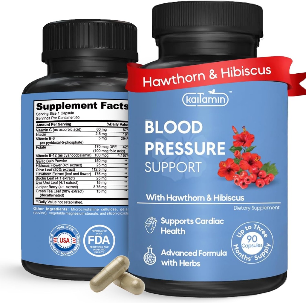 Suplemento de apoyo a la presión arterial – Hawthorn natural, Hibiscus, Garlic &amp; Olive Leaf – Heart Health & Circulation Support – B12, B6 – Vegan, Non-GMO – 90 Caps (3-Month Supply)