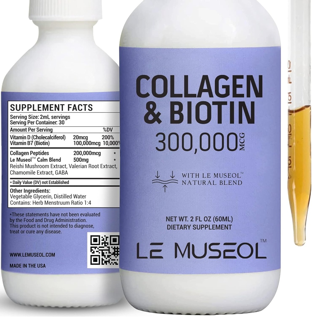 Collagen líquido para mujeres, 300.000mcg Biotina líquida y suplementos de colágeno gotas para el cabello, aumento de uñas de la piel - 60ml