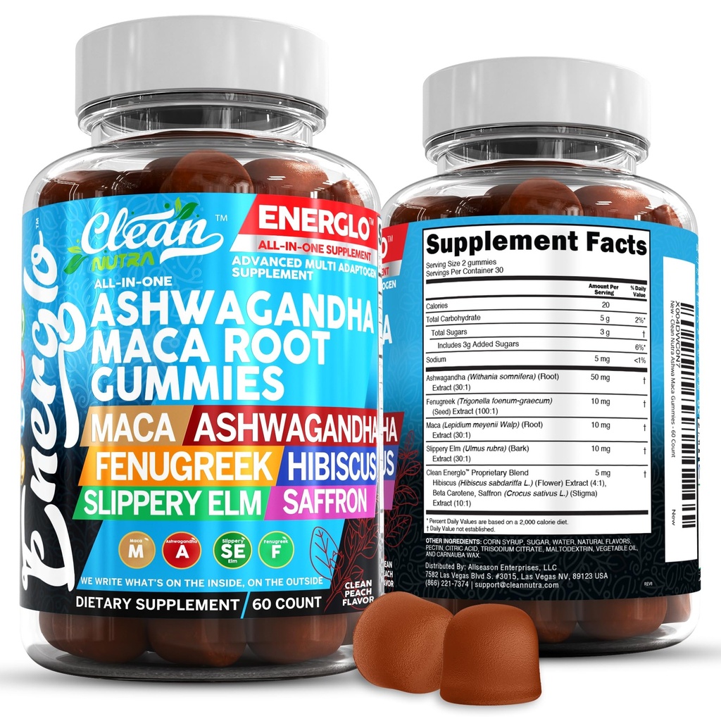 Ashwagandha Maca Root Gummies with Fenugreek Hibiscus Slippery Elm Saffron Extract " Beta Carotene ← Peach Flavor Vegan Gummy Vitaminas Adaptogen Cortisol Suplemento Energlo por Clean Nutra