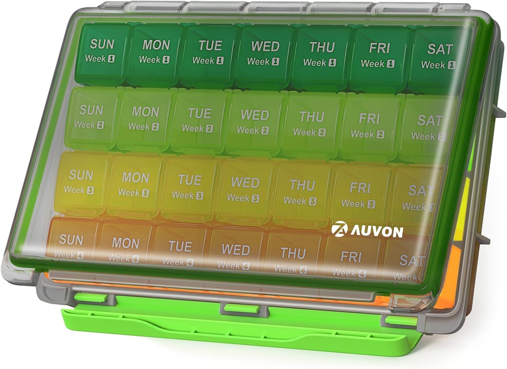 AUVON Moisture-Proof Monthly Pill Organizer, Grande 28 Days Pill Box Case with Removable 4 Weeks Medication Organizer Rows, Travel-Friendly to Store Fish Oils, Vitaminas, Suplementos, Medications