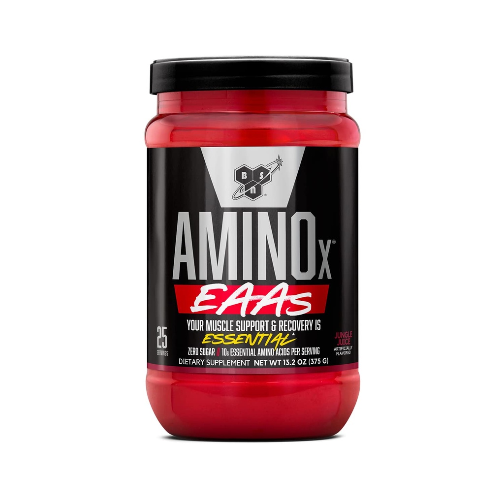 BSN Amino X EAAs, recuperación de músculo y resistencia, 10g ácidos esenciales, 5g BCAAs, cero azúcar, cafeína gratis, jugo de selva, 13.2oz, 25 servidumbres