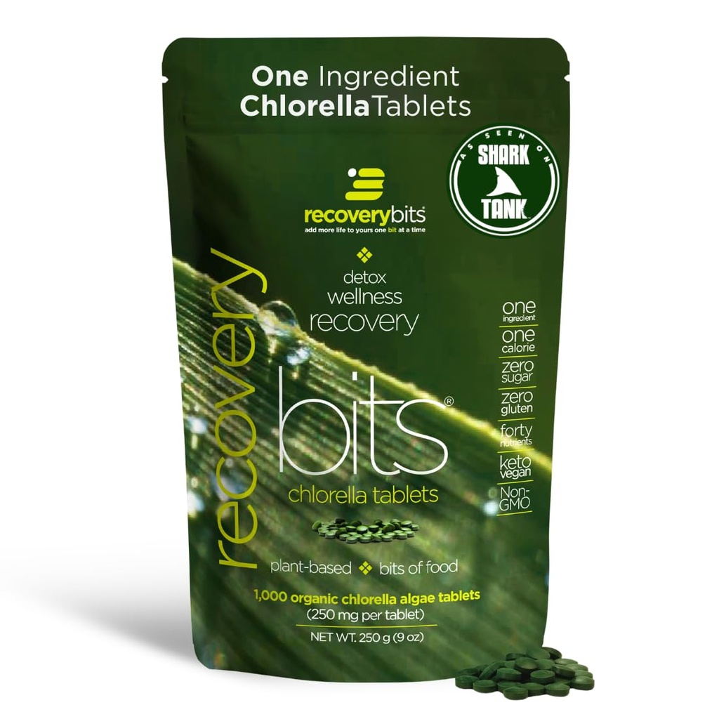 RECOVERYbits - Tablas de Clorella Ecológica - Superalimentos de Algas Basadas en Planta - Clorofila - Muro Celular Agrietado - Energía - Sistema Inmunitario - Detox - Keto - Vegan - No GMO - Bolsa Grande - 1000 Cuadros