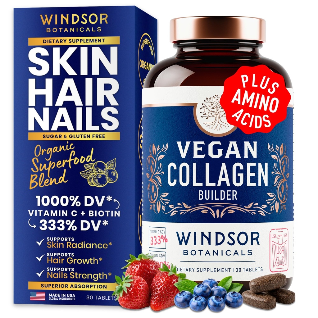 Collagen Vegan para Mujer y Hombre Suplementos - Vitamina C, Biotina, Aminoácidos Glicina, Lysine, Proline, Fruta Orgánica & Polvo vegetal - Una vez Día - 30 Colágeno de colágeno con base vegetal