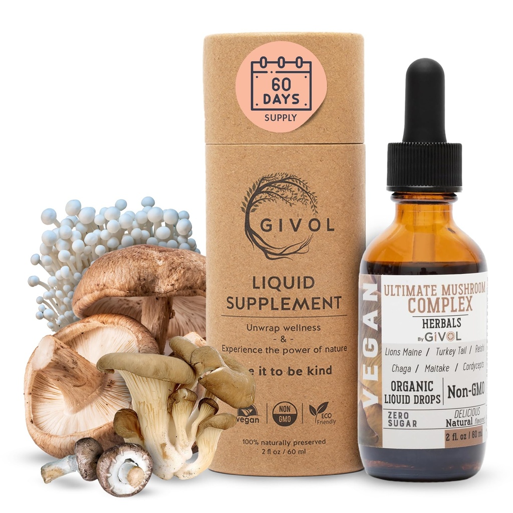 Ultimate Immune Mushroom Complex Liquid Drops: Dynamic Herbal Blend for Enhanced Performance & Energy, Fresh Lion's Mane, Reishi, Chaga Extracts, Vitaminas, 60 Days Supply
