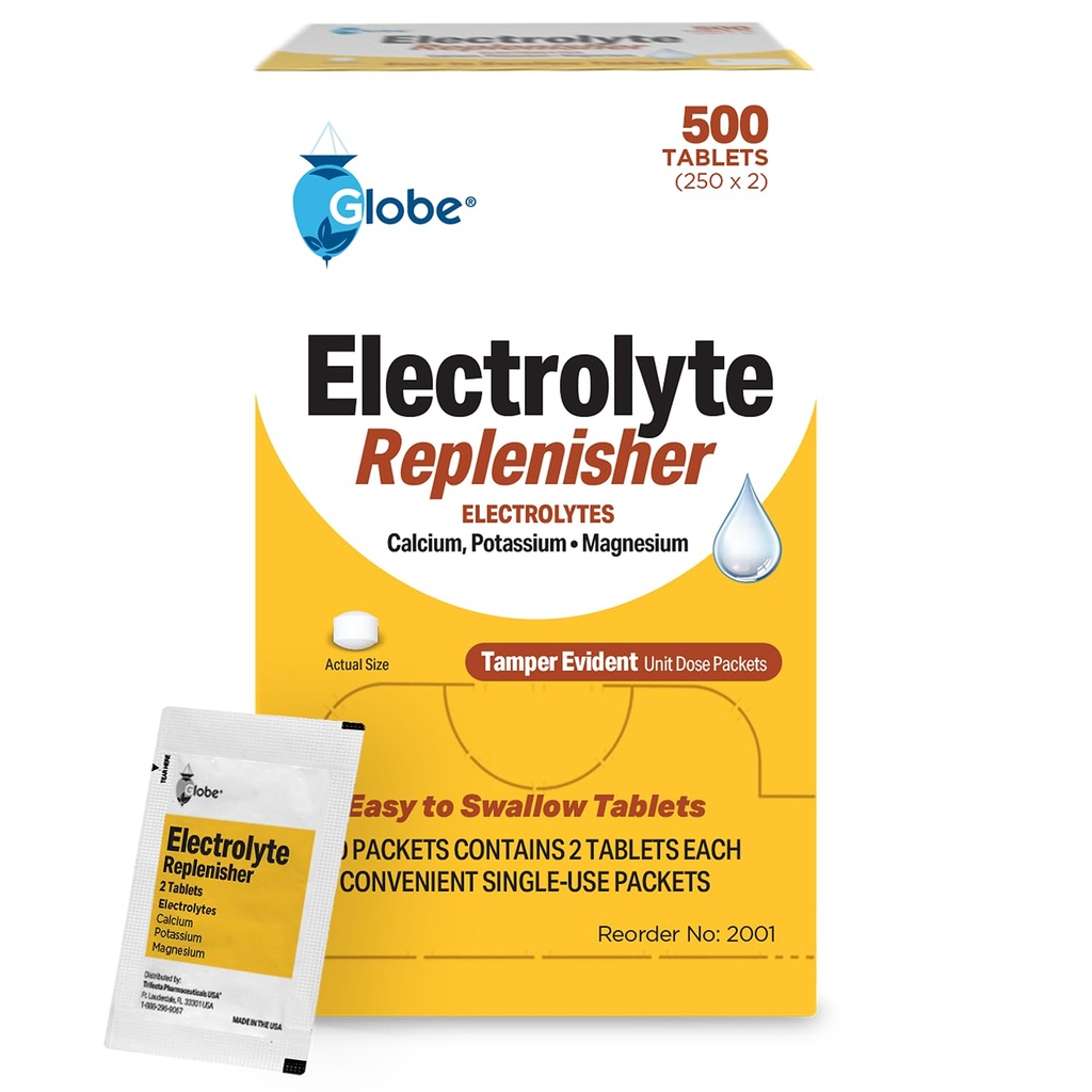 Globe Electrolyte Replacement Tablets for Rapid Hydration &amp; Exercise Recovery (500 Tablets, 250 Packets of 2) for Athletes, Hiking &amp; Sports, Travel Packets with Key Nutrients for Optimal Endurance