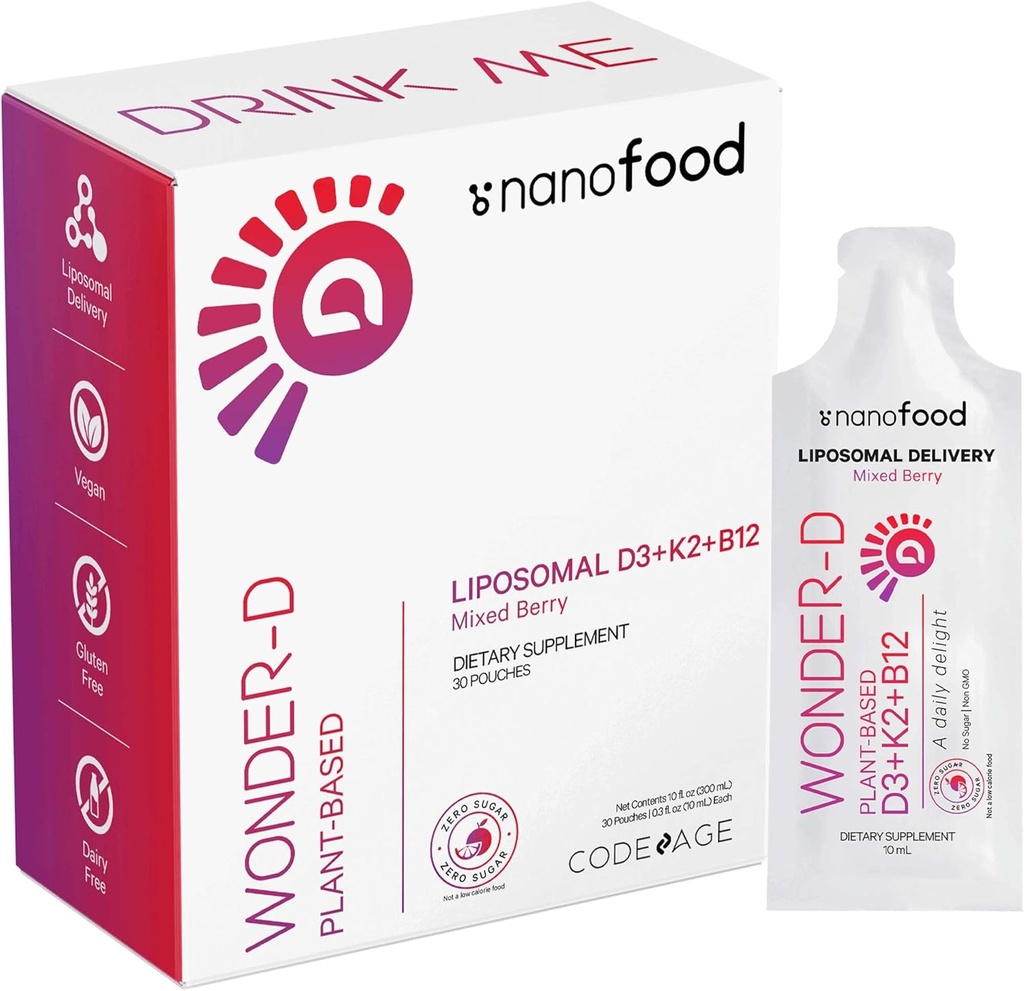 Codeage Liposomal Vitamina D3 Liquid Supplement Sachet, Wonder-D Cholecalciferol Vegan Liquid Multivitamin, Plant-Based Vitamins K2 B12, Non-GMO Phospholipids, Vitamina E, Berry Flavor - 30 Pouches
