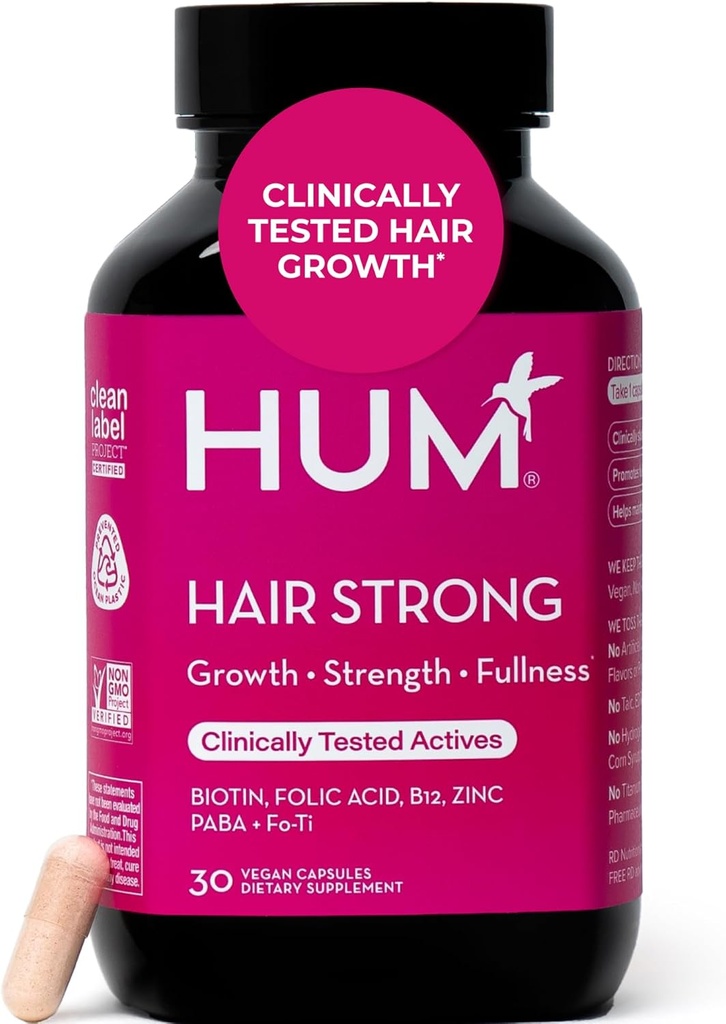 HUM Hair Strong Daily Hair Growth Supplement with Biotin, Zinc, Vitamin B12 to Support Growth, Folic Acid & Vitamina B12 Vitaminas para el Peluquería Saludable para Mujeres y Hombres, 30 cápsulas Vegan