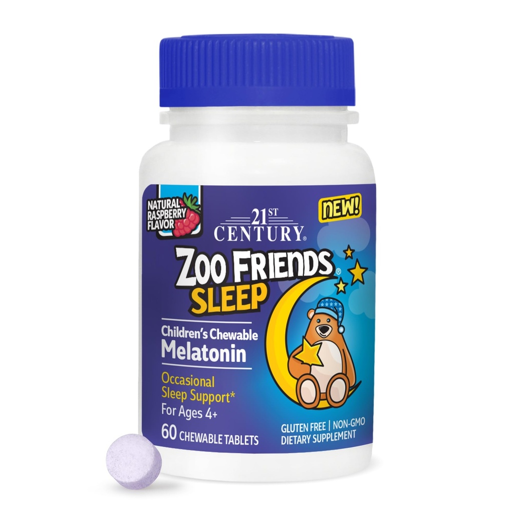 21st Century Zoo Friends Sleep Chewable Melatonin, Raspberry Flavor, 60 Cuenta
