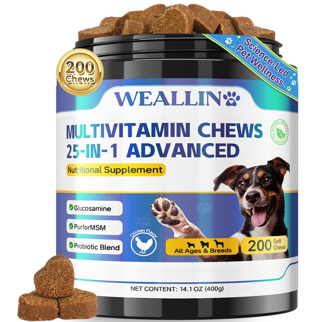 Vitaminas para perros - 25-en-1 Vitaminas y Suplementos Multivitamínicos con Glucosamina Probióticos Omega-3 Puppy Multivitamínico Chewable for Coat, Heart, HIPS &amp; Joints, Digestion & Immune System 200pcs