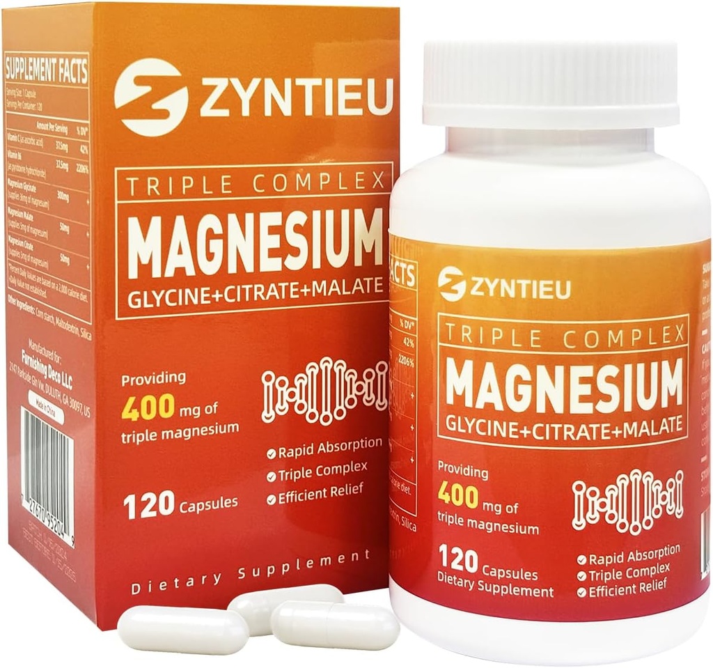 Complejo de magnesio triple tención 400mg de magnesio Glycinate, Malate " Citrato para los músculos, Nerves " Energy TENwith Vitamin C,B6 for High Absorption  durable for Women " Men(120 Capsules)