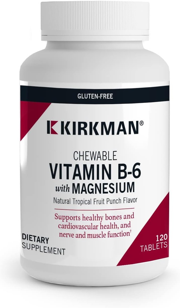Kirkman - Vitamina B6 con Magnesio - 120 Tabletas - Potent Vitamina B6 &amp; Magnesio Suplementación - Chewable Wafer - Hipoalergénico