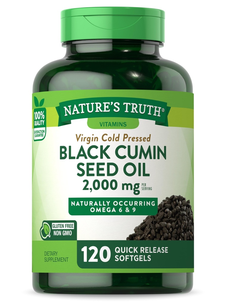 La verdad de la naturaleza Píldoras de aceite de semilla negra TENIDO 2,000mg TEN 120 Softgels TEN VÍRGENA FUELTA Presionada Cumin ← No GMO y Gluten Suplemento Libre
