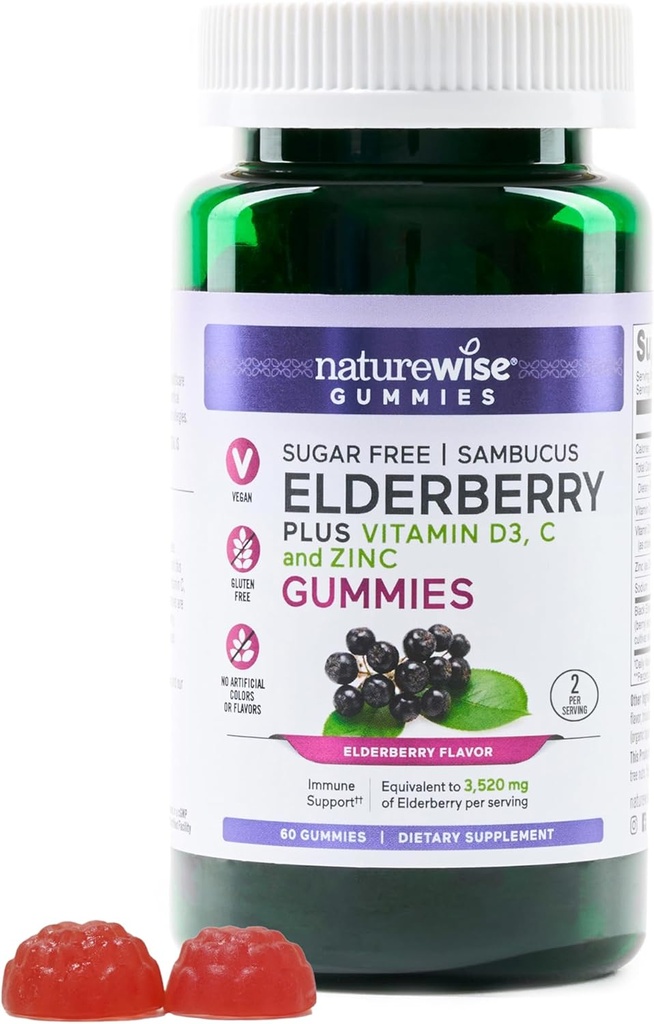 [BRSRA2YEDFYRU23B] NatureWise Sambucus Elderberry Gummies - Sugar-Free - Daily Immune Support Supplement for Kids and Adults*, with Vitamin C, D3, Zinc - Vegan, Gluten Free, Non-GMO - 60 Count[1-Month Supply]
