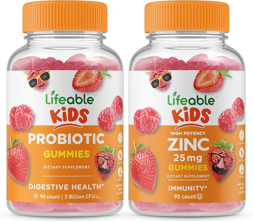 Probiótico vital 2 billón CFU Niños + Zinc 25mg Niños, Gluten Free, GMO Gratis, Chewable Gummy