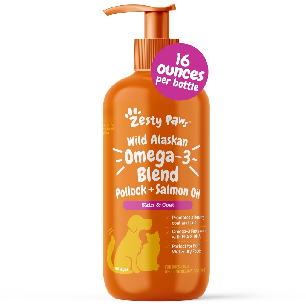 Zesty Paws Wild Alaskan Omega-3 Blend Pollock + Salmon Oil for Dogs and Cats- Skin and Coat Support, Omega 3 Suplemento para mascotas, 16oz