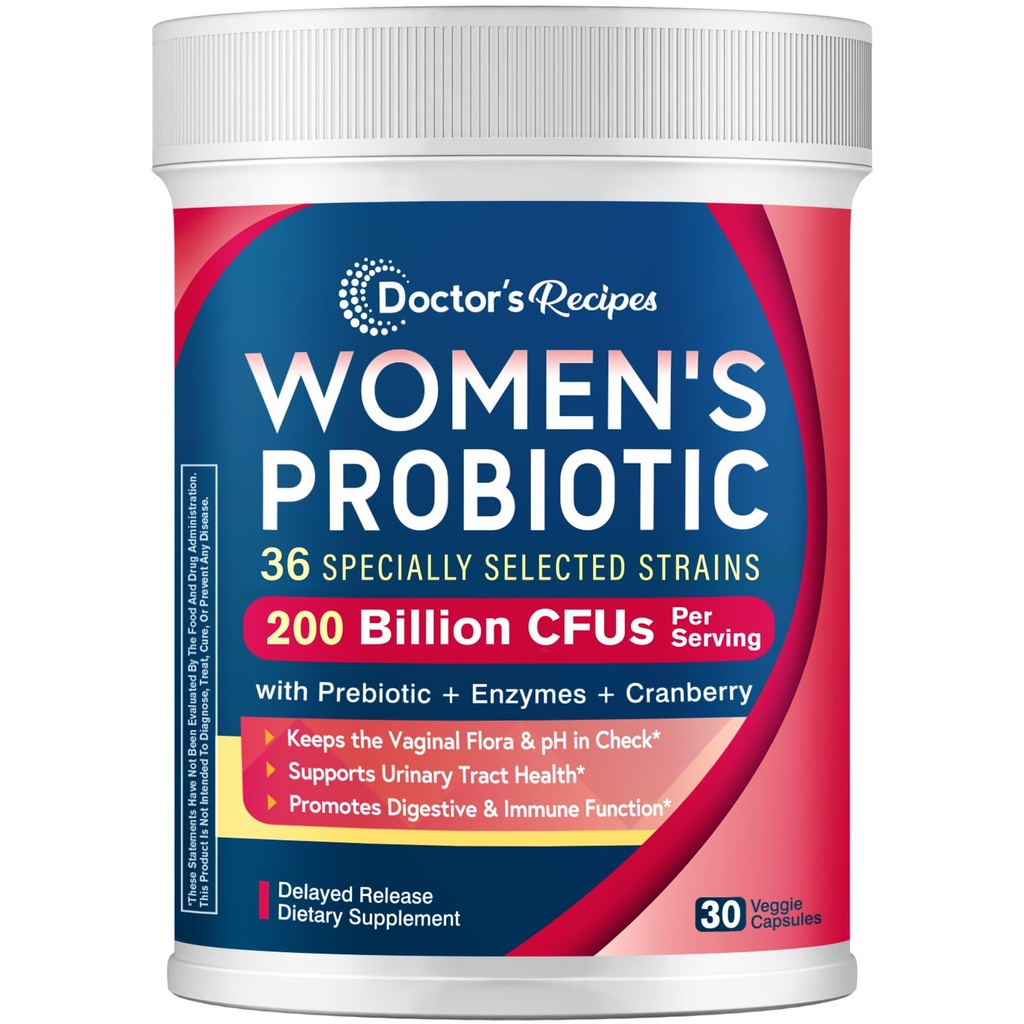 Recetas del doctor Probióticos para Mujeres, 200B CFUs 36 Strains, con Prebióticos, Enzymes & Cranberry, Vaginal Urinary Digestive & Immune, Shelf Stable, 30 Caps