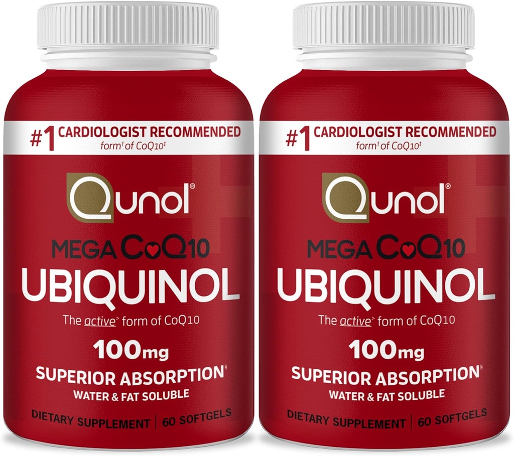 Ubiquinol CoQ10 100mg Softgels, Qunol Mega Ubiquinol 100mg - Absorción superior - Forma activa de Coenzima Q10 para la salud del corazón y niveles de presión sanguínea saludable - Suministro de 4 meses - 60 cuenta (Pack of 2)