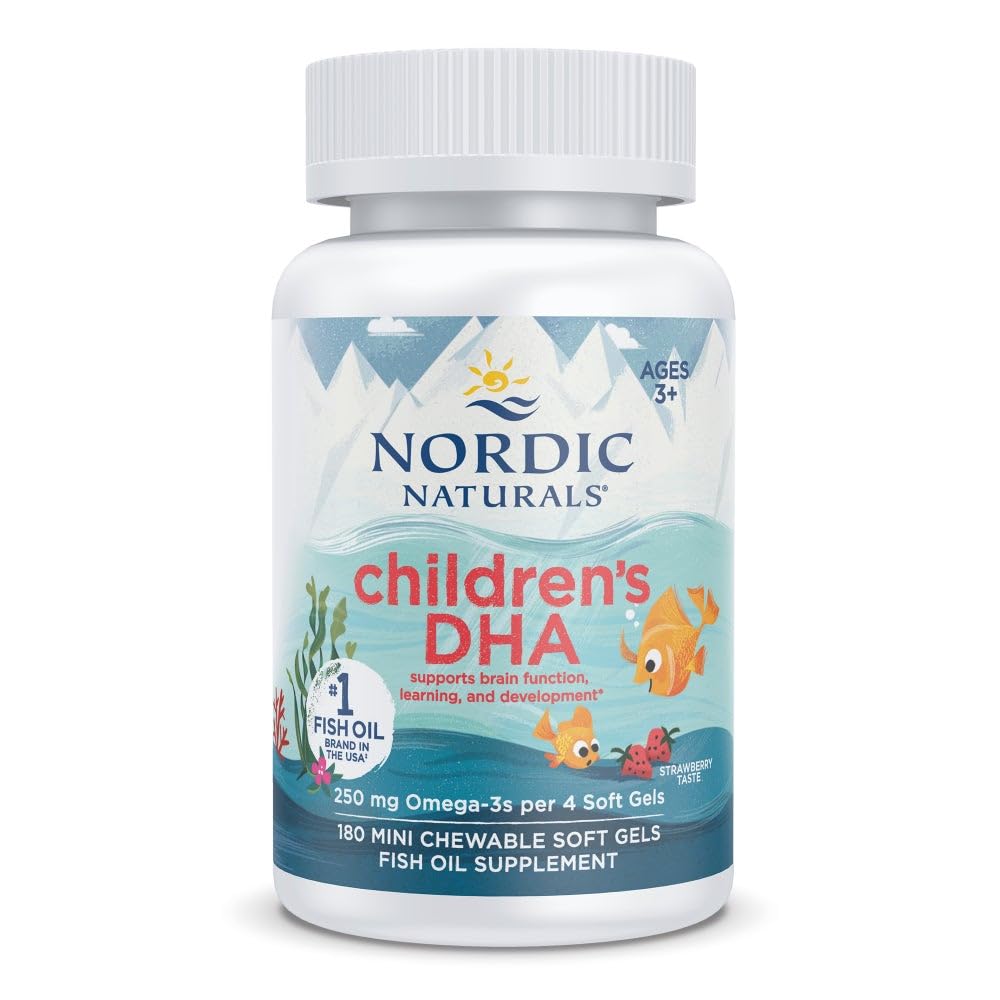 Naturales nórdicos DHA infantil, fresa - 180 Mini geles suaves para niños - 250 mg Omega-3 con EPA &amp; DHA - Función de desarrollo del cerebro - No GMO - 45 piezas