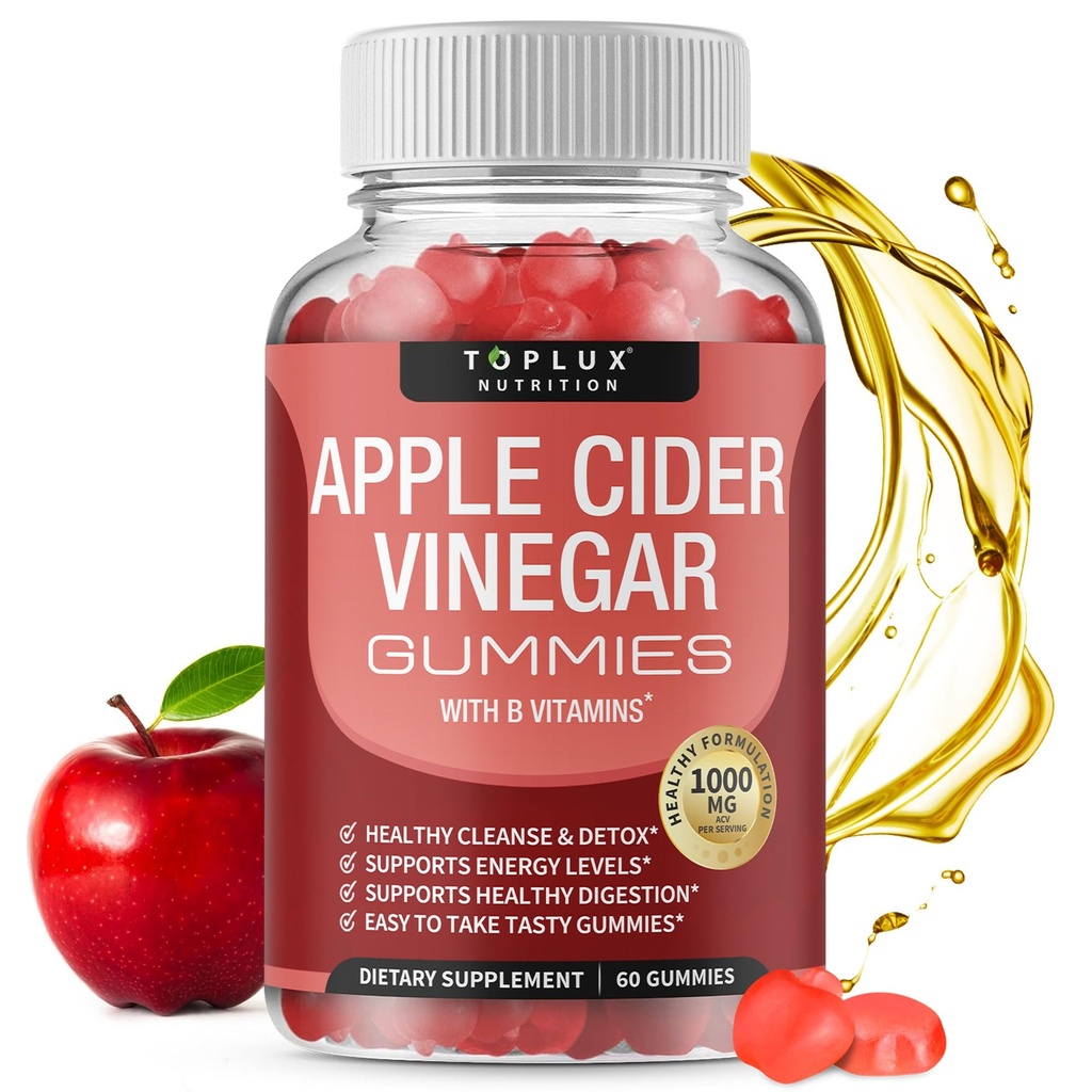 Toplux Apple Cider Vinegar Gummies - 1000mg ACV con B12, Beet Root, Pomegranate for Immune System, Detox &amp; Cleanse, Gummy Alternative to Apple Cider Vinegar Capsules, for Men Women, 60 Gummies