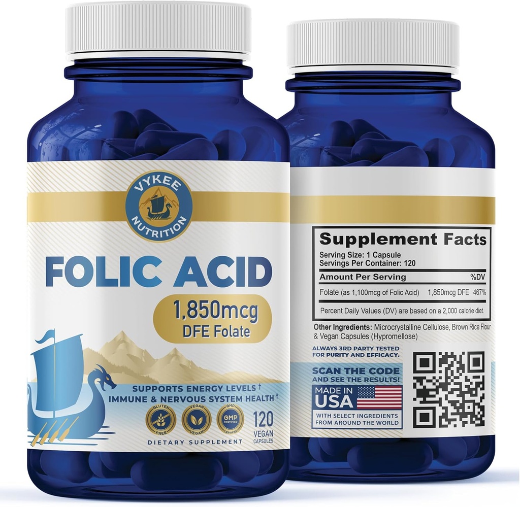 [BRSRAAYFCEMQGCAU] Folic Acid Supplement – High-Potency Vitamin B9 1,870mg DFE Folate, 1.100mg Folic Acid ANTE Vegan, Non-GMO tención apoya la salud celular, la producción de energía y la salud prenatal