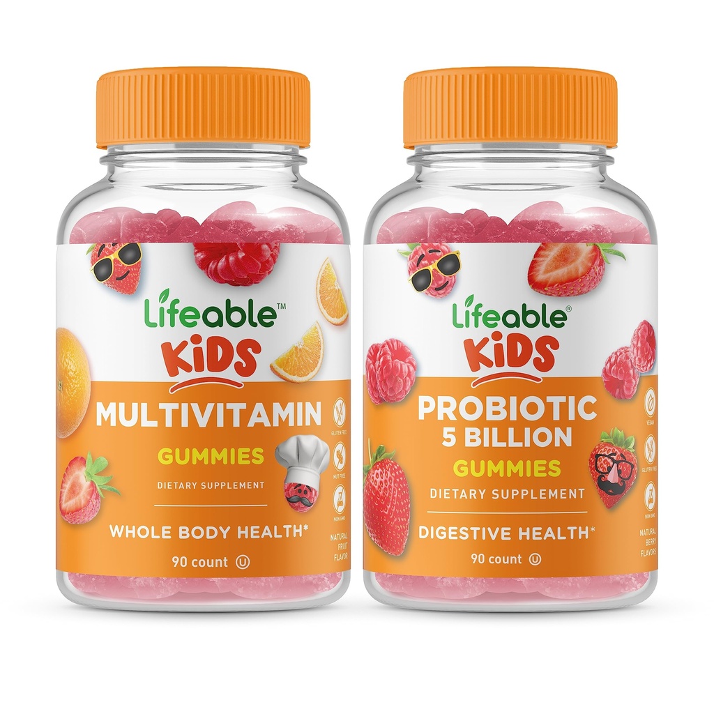 Niños multivitamínicos vitales + Probióticos 5 millones de niños, Gummies Bundle - Gran Tasting, Suplemento de vitamina, Gluten Gratis, GMO Gratis, Chewable Gummy