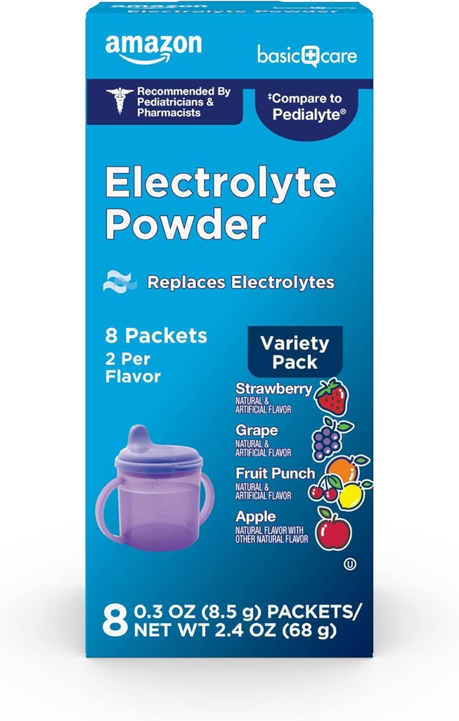 Amazon Basic Care Electrolyte Powder Variety Pack, Apple, Fruit Punch, Grape, Strawberry, 8 Conde