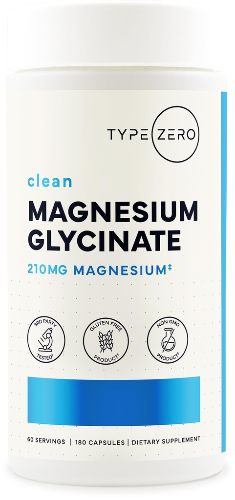 Tipo Zero Magnesium Glycinate (210mg tención 180 cápsulas) Puro, No GMO, Gluten Free, Natural High Absorption Magnesium Supplement