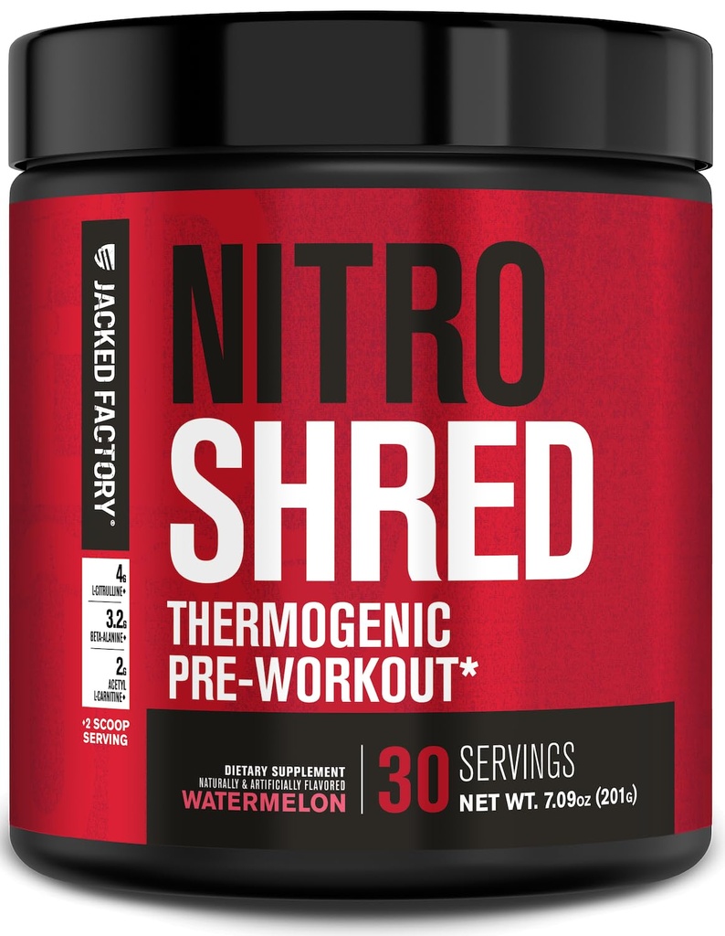 Jacked Factory NITROSURGE Shred Pre Workout Suplemento - Energy Booster, Instant Strength Gains, Sharp Focus, Powerful Pumps - Nitric Oxide Booster & PreWorkout Powder - 30Sv, Watermelon