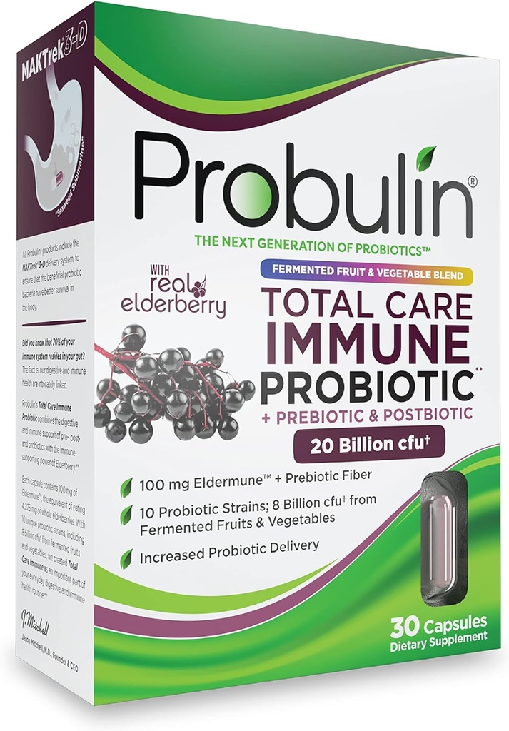 [BRSWYBAQOUHGCDY4] Probulina Total Care Immune = Prebióticos + Postbióticos + Elderberry para soportar Immune & Gut Health - 20 Billion CFU - 10 Strains Probióticos, 30 cápsulas Vegan