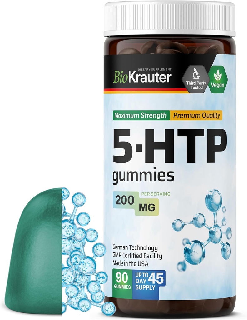 BIO KRAUTER 5 HTP Suplemento Gummies - 200 mg Strength - 90 Chews Vegan - Relajación Soporte 5HTP Plus L Tryptophan Suplemento - Fórmula Basada en Pectin