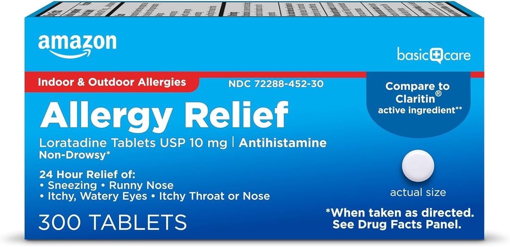 [BRSWGZQPOJYRY3DD] Amazon Cuidado básico Alivio de la alergia Loratadina Tablas 10 mg, 300 Conde (Paquete puede variar)