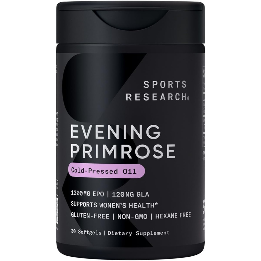 Sports Research Evening Primrose Supplement from Cold Pressed Oil - Softgels for Women’s Health & Skin Health - Gluten Free " Non-GMO GLA - High Potency 1300mg, 30 Count
