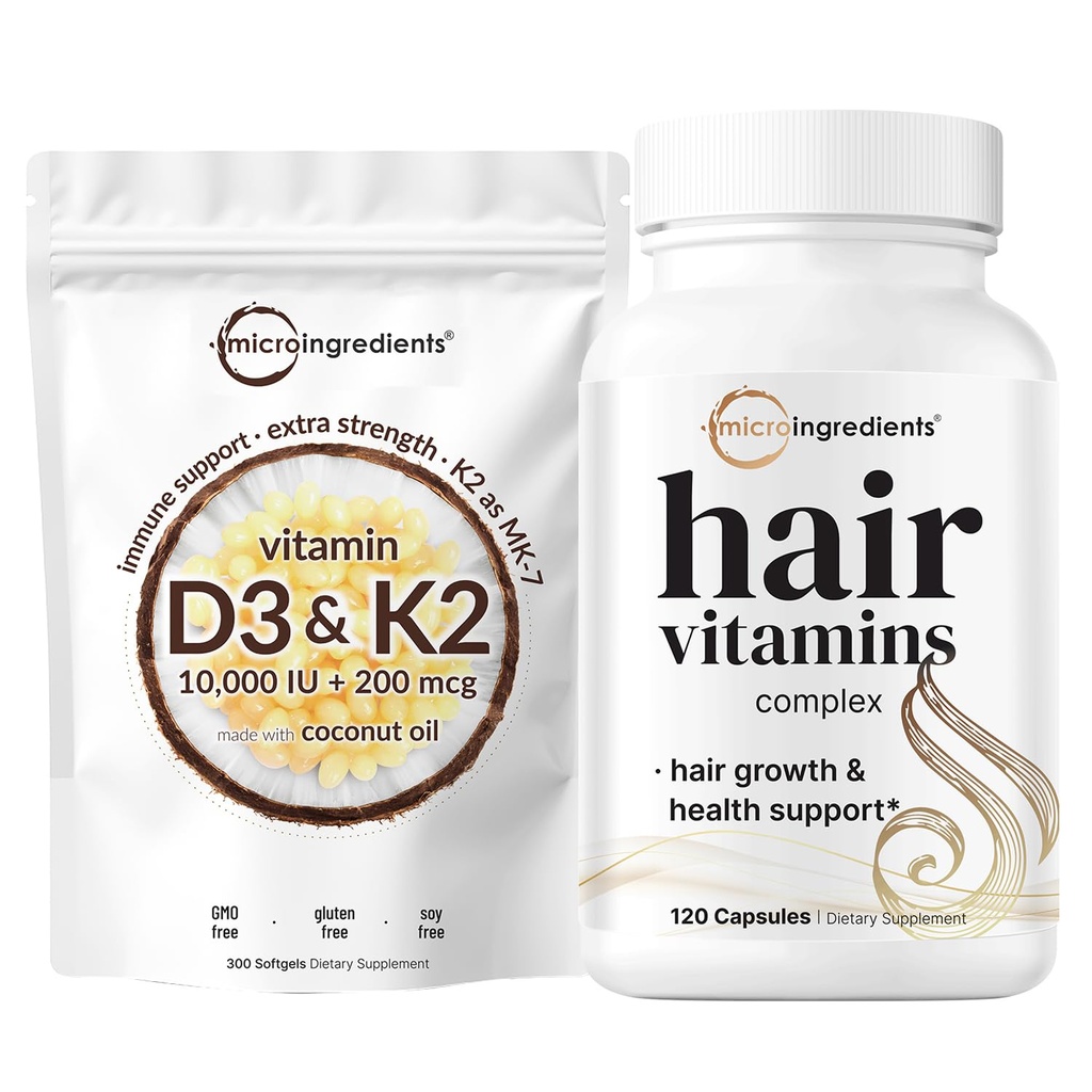 Micro Ingredientes Vitamina D3 10,000iu + K2 200mcg Aceite de coco Softgels &amp; Peluquería Vitaminas Complejos Bundle 2 Pack ← Esencial Sunshine Vitaminas ← 14-in-1 Avanzado Crecimiento del cabello Apoyo