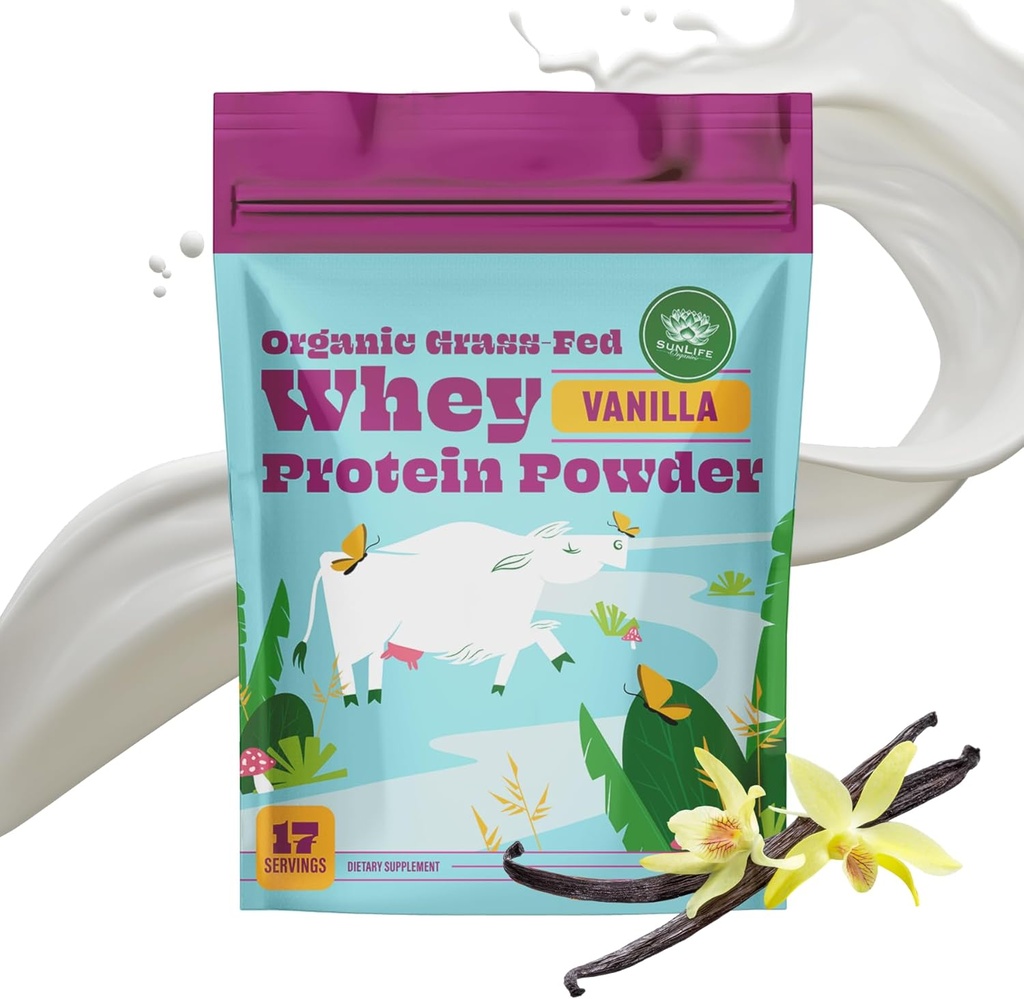SunLife Organics Grass Fed Whey Protein Powder Vanilla  100% Orgánica Protein Powder for Men & Women, Naturalmente endulzada con Cacao, Coconut Creamer y Stevia (16 Oz) 15 Serviciones