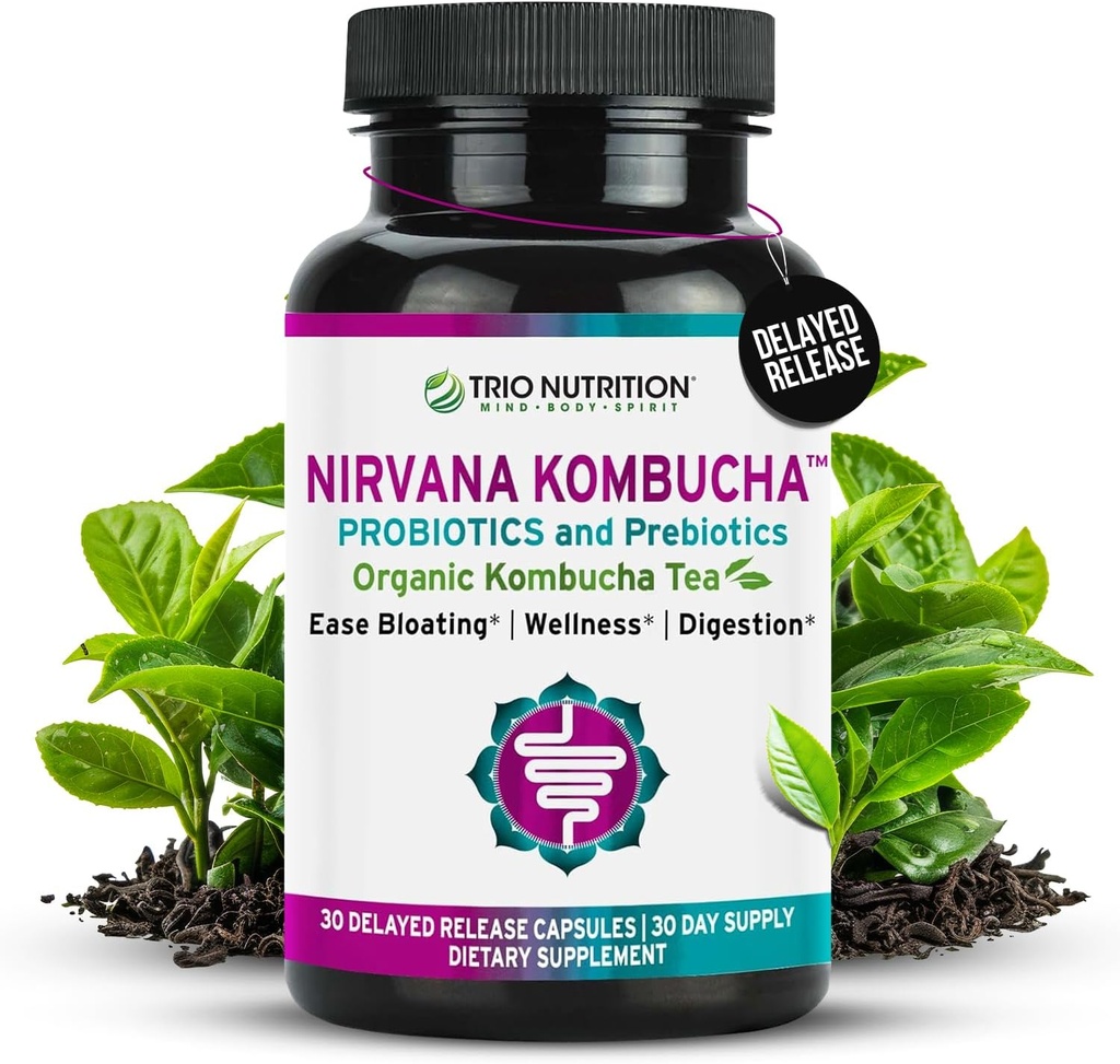 TRIO NUTRITION Nirvana Kombucha - Probióticos multiestreno Blend con té orgánico - Cápsulas de liberación retardada para la salud digestiva & inmunitaria - Alivio de rubor - Saldo de pH natural
