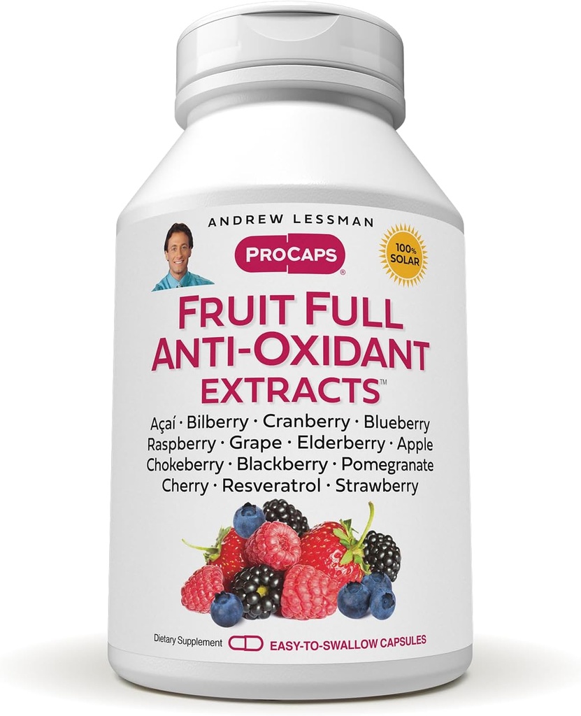 ANDREW LESSMAN Fruit Full Anti-Oxidant Extracts 360 Capsules - 14 Natural Fruit and Berry Extracts. Arándano, arándano, semillas de uva, granada, resveratrol y más. Fácil de intercambiar cápsulas