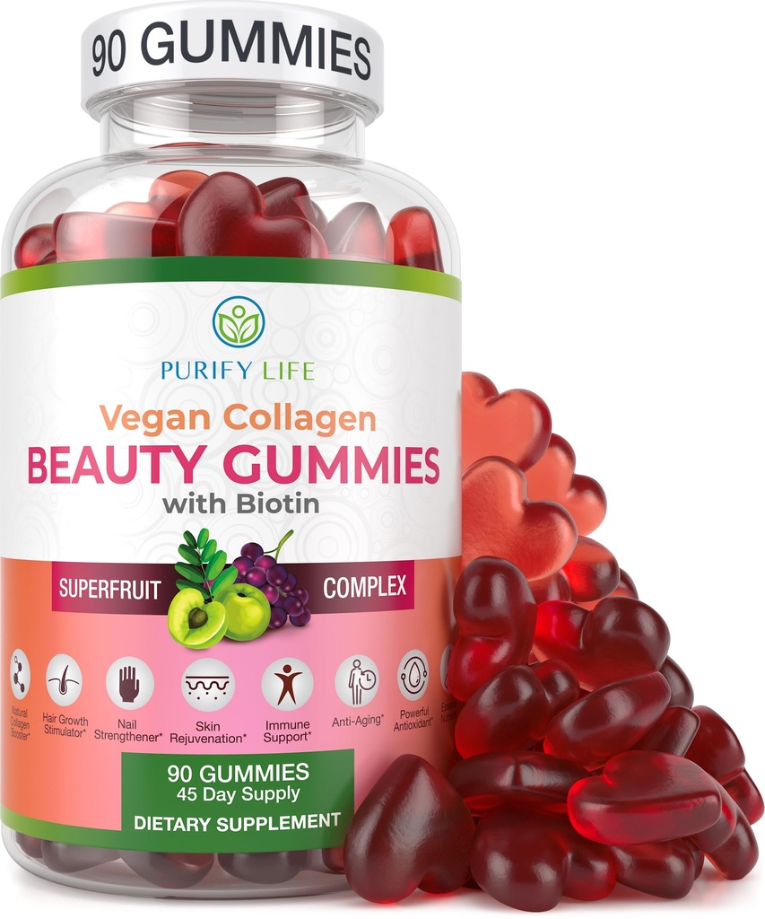 Purify Life Vegan Collagen Gummies with Biotin Vitamins for Hair Skin and Nails Health, (90 Chews) Collagen Support Superfruit Complex with Resveratrol, Vitamina A, E, C - Reemplace Capsules, Pills