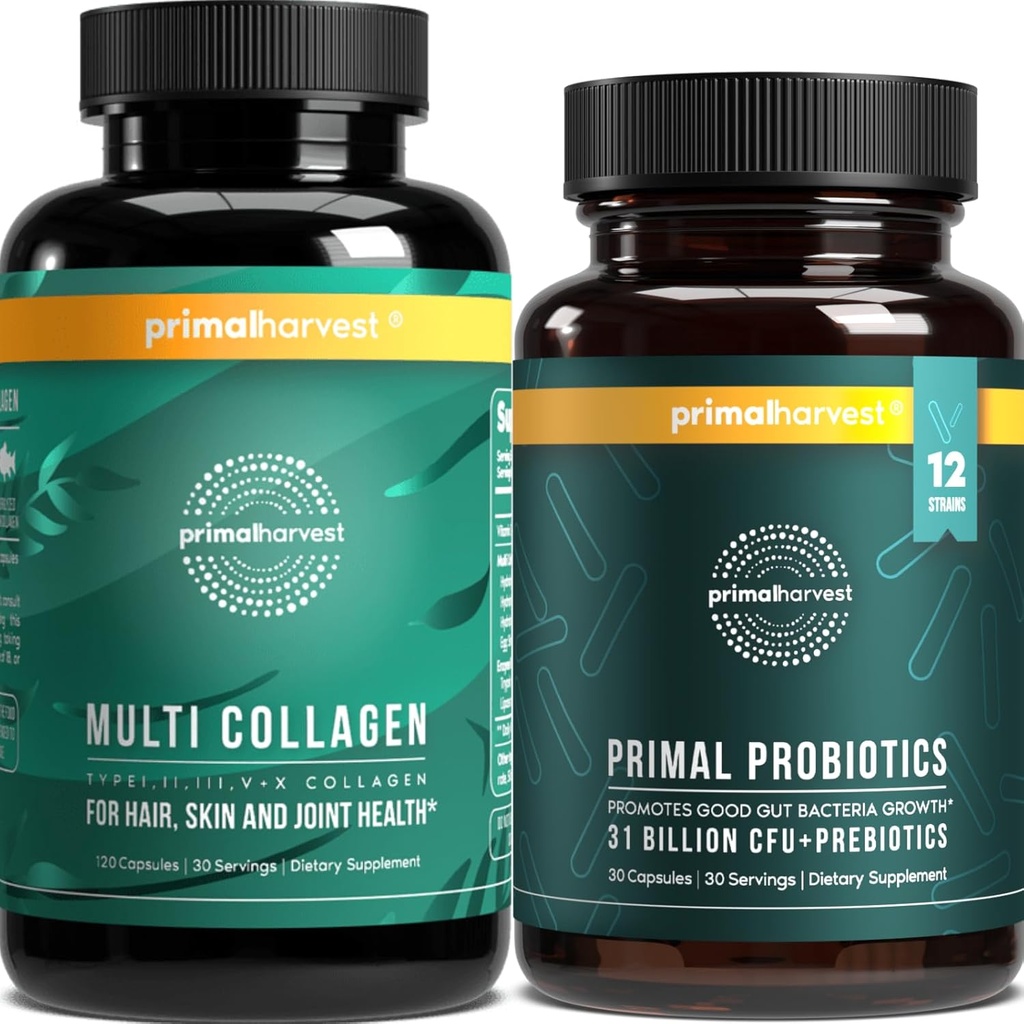 Primal Harvest Probióticos & Multi Collagen Suplementos para Mujeres y Hombres Pre y Probióticos con 31 Billones CFU y Collagen Peptides Pills Bundle