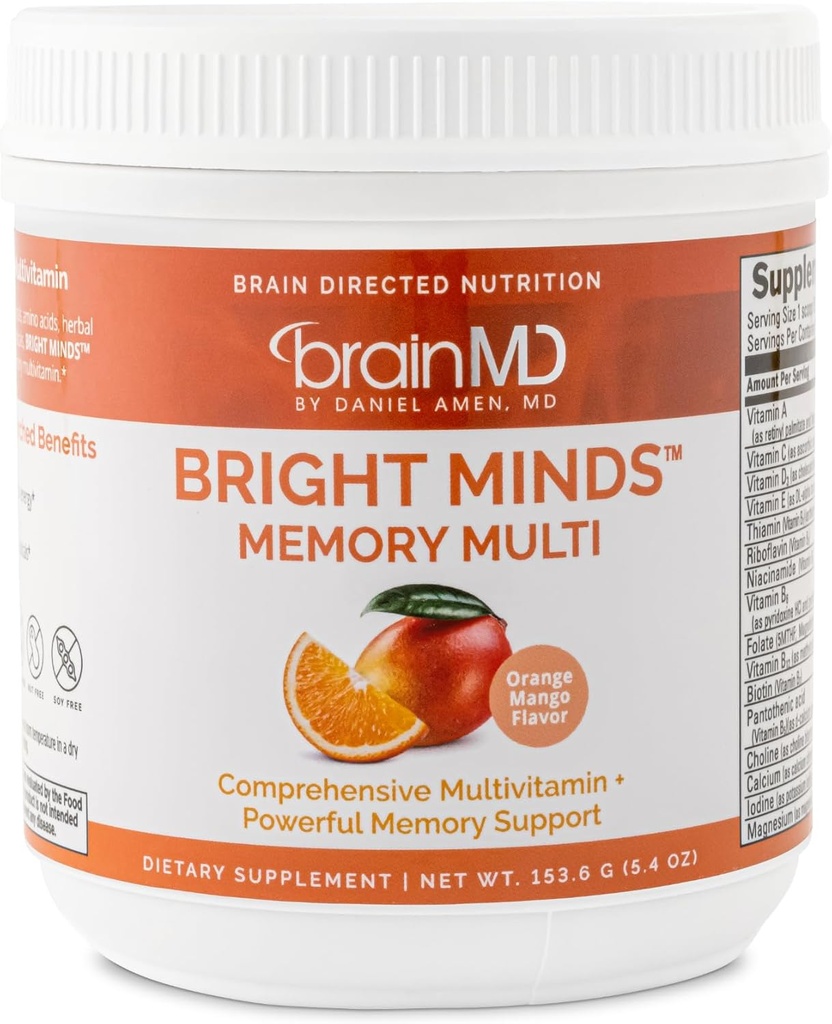 Dr. Amen Brain MD BRIGHT MINDS Memory Multi, Orange Mango Flavor - 5.4 oz Powder - Multivitamin & Memory Support - Gluten Free, Sugar Free - 30 Servings
