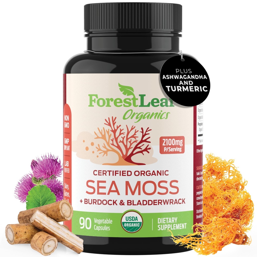 ForestLeaf Organic Irish Sea Moss Capsules  2100mg Raw Seamoss Pills Advanced Supplement Superfood + Burdock, Bladderwrack for Digestive, Respiratory, Immune Health ← 90 Vegan Organic Sea Mos Caps